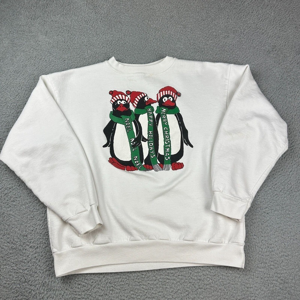 Vintage Noel Happy Holidays Pinguins White Sweatshirt Adult Size Large Fun Tees